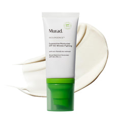 Murad Superactive SPF50 bottle closeup showing broad‑spectrum protection benefits