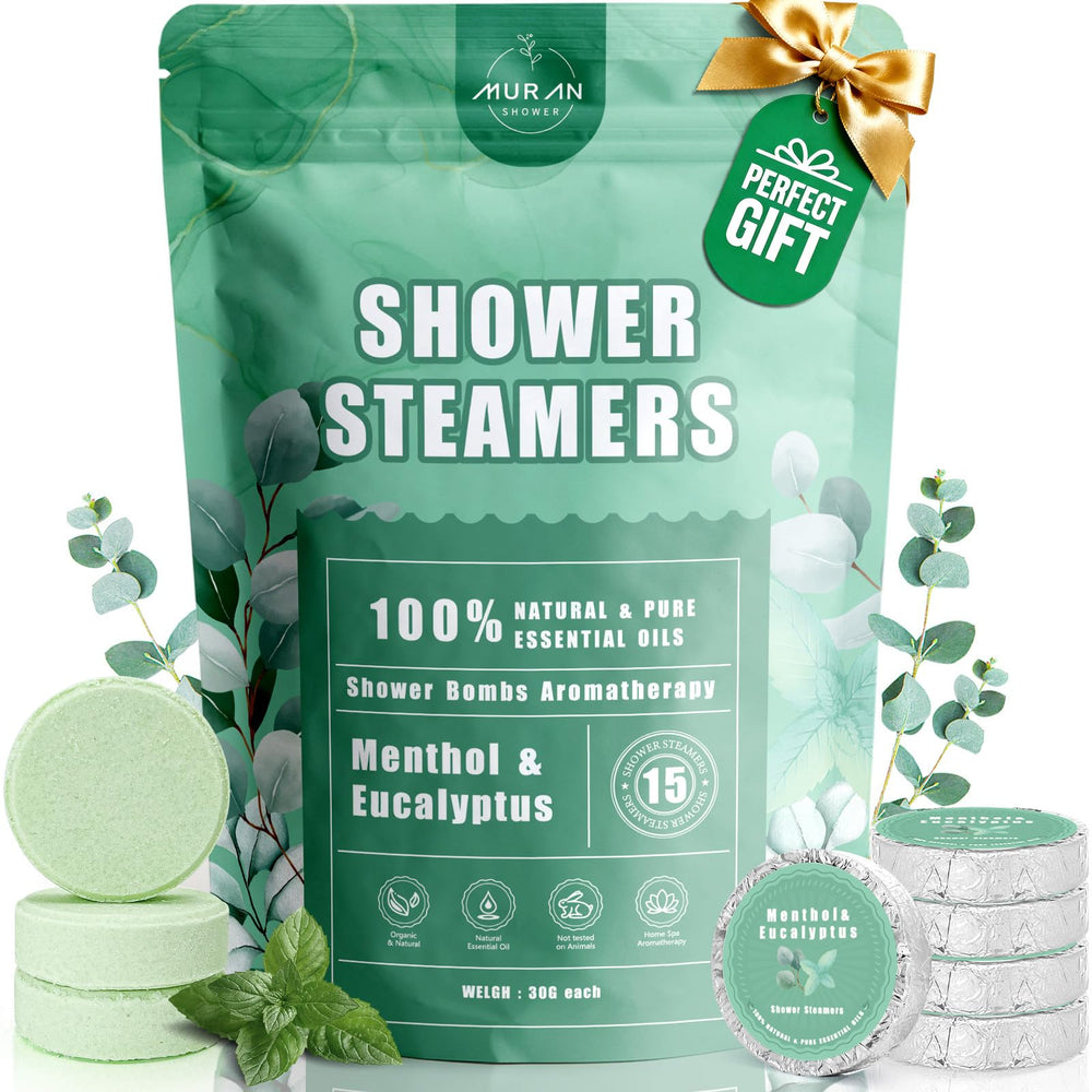 MURAN SHOWER steamers 15-pack packaging with menthol and eucalyptus aroma for a spa-like shower.