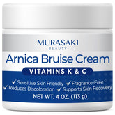 MURASAKI BEAUTY Arnica Bruise Cream jar shows concentrated formula for targeted bruise care.
