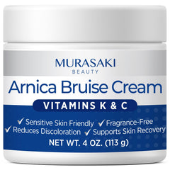 MURASAKI BEAUTY Arnica Bruise Cream jar shows concentrated formula for targeted bruise care.