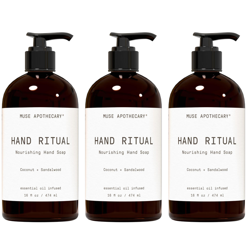 Muse Apothecary Hand Ritual bottle closeup with coconut-sandalwood aroma emphasis