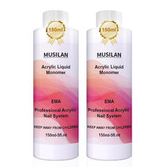 MUSILAN Monomer liquid bottle closeup showing clear formula for strong adhesion and color clarity.