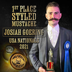 Mustache wax application scene shows heat-free shaping for easy styling.