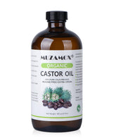 MUZAMOX castor oil amber bottle close-up highlighting purity and packaging protection.