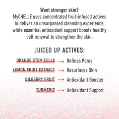 MyCHELLE Fruit Enzyme Cleanser foam on hand demonstrates gentle lather for daily use.
