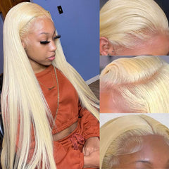 Myecool 30in 613 lace-front wig portrait: long straight blonde for everyday elegance.