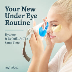 MyHalos blue eye patches provide moisturizing hydration for delicate under-eye skin.