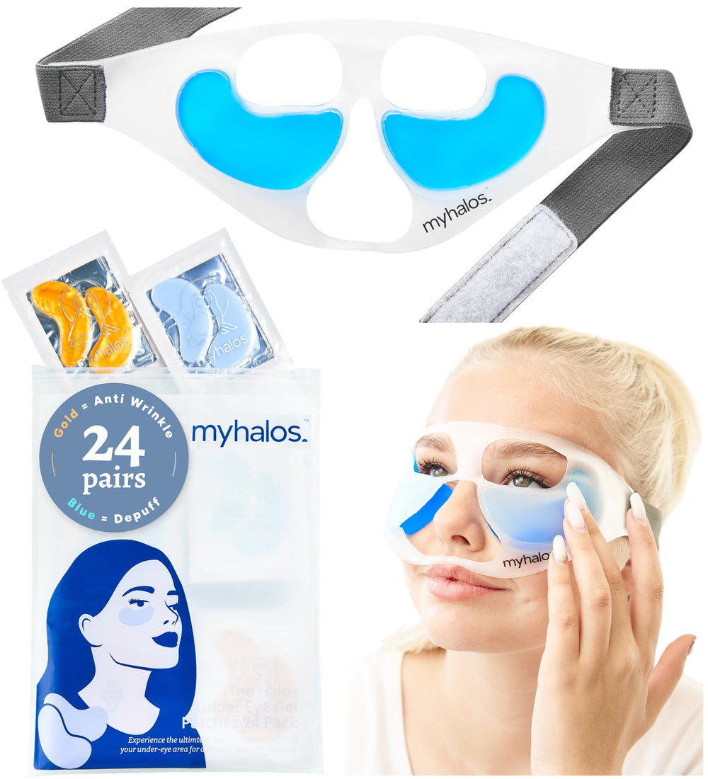 MyHalos eye ice pack cold-therapy demonstrates soothing relief for puffy under-eye area.