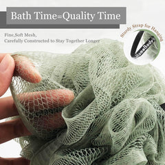 myHomeBody loofah large70g sage-green closeup emphasizes pleasant feel and compact structure.