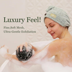 myHomeBody loofah large70g sage-green setup shows color that fits modern bathrooms.
