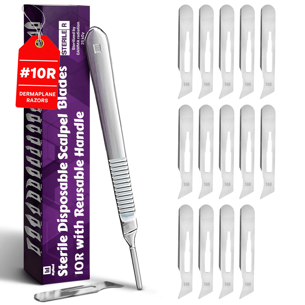 MyMed 10R blades in a dermaplaning pack for precise at-home facial prep