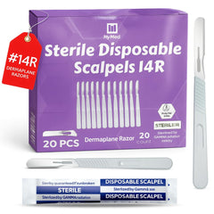 MyMed disposable 14R dermaplane razor close-up handle for precise control and smooth skin.