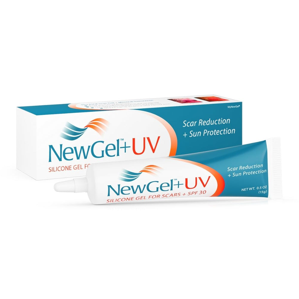 MyNewGel Plus UV bottle close-up showing silicone scar care.