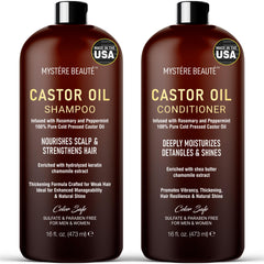 Mystère Beauté castor oil shampoo bottle with peppermint for refreshing scalp stimulation.