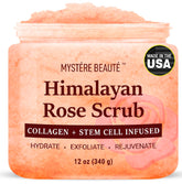 Mystère Beauté Himalayan Salt Body Scrub bottle front for exfoliation and radiant skin.