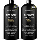 MYSTÉRE BEAUTÉ rice water shampoo bottle shows hydrating formula for hair