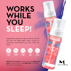 Mystic Tan Wake-Up Tan applied to face and body for natural look.