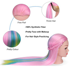MYSWEETY pink-colored mannequin head being brushed for styling practice and detangling.