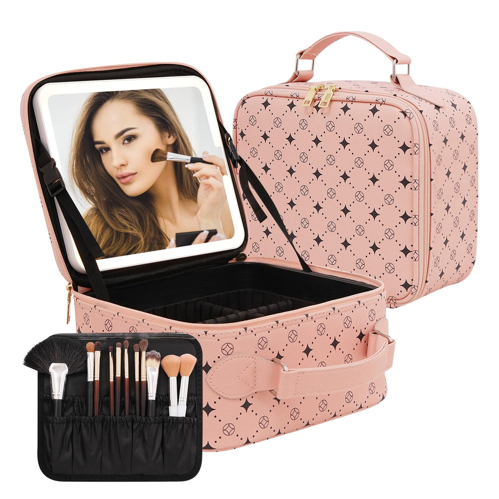 Myuren travel makeup bag features a 360-degree mirror for flexible makeup angles.