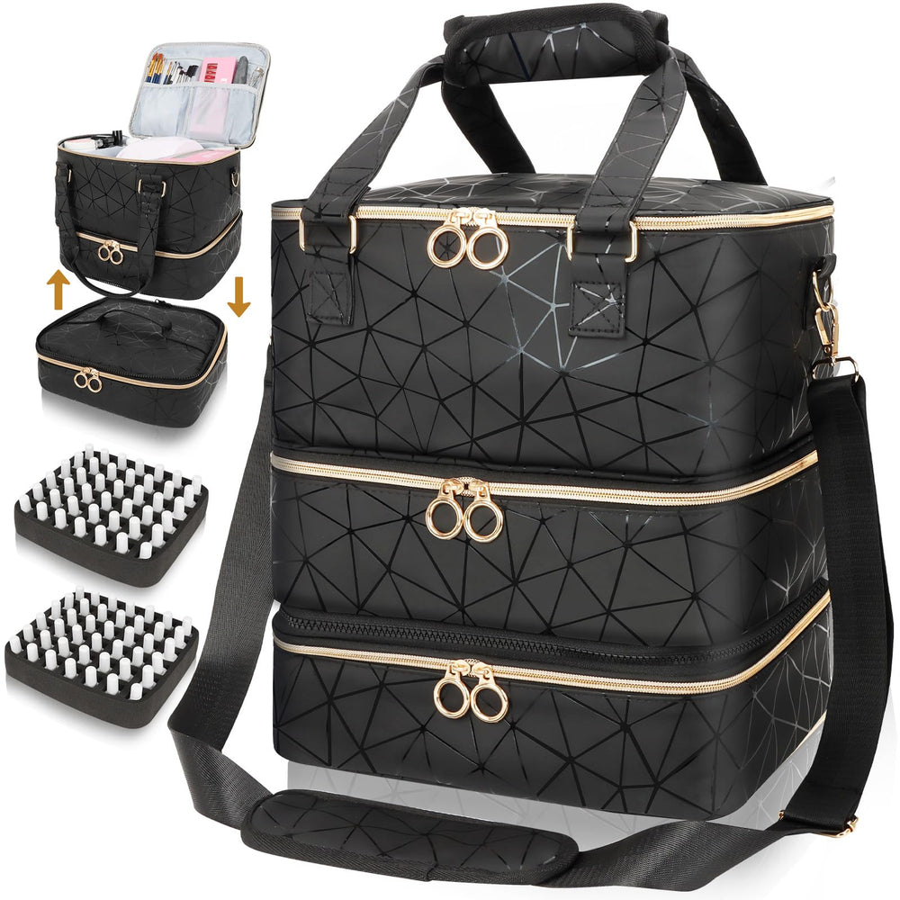MZTXY nail polish organizer bag open layout shows 84-bottle capacity for travel.