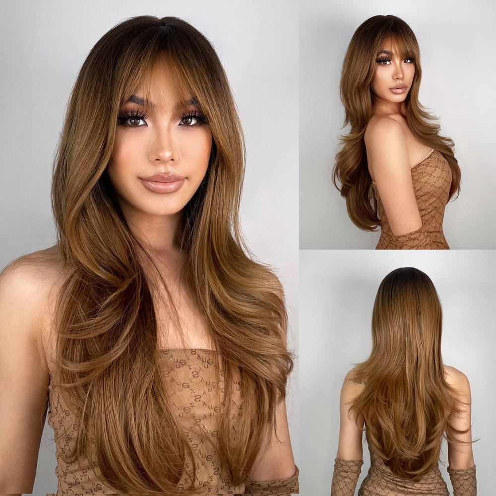 N NAYASA light brown wig with bangs, 24-inch ombre for daily styling