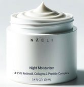 NAELI Retinoid Night Cream bottle focus for anti-aging benefits and silky texture