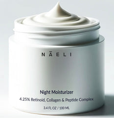 NAELI Retinoid Night Cream bottle focus for anti-aging benefits and silky texture