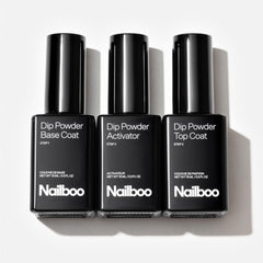 Nailboo dip powder liquid set shown for smooth base color application.