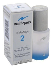 Nailtiques Formula 2 protein bottle close-up showcasing strength-boosting, quick-dry treatment.