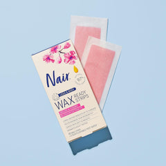 Nair Hair Remover Wax Ready-Strips legs-application demonstrates convenient leg hair removal.
