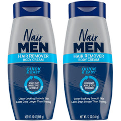 Nair Men hair removal body cream tube close-up shows in-shower use.
