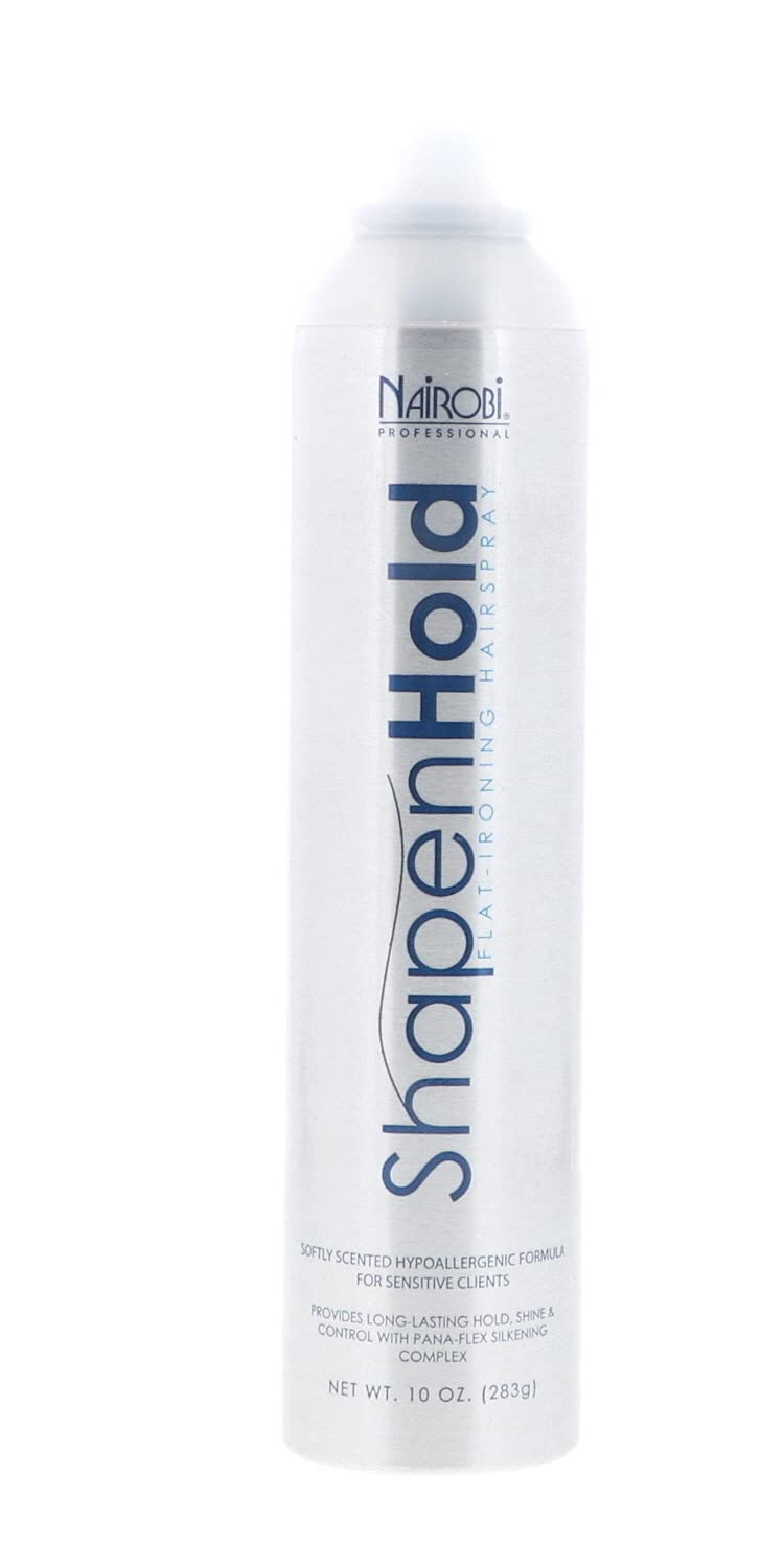Nairobi Shape n Hold flat iron hairspray bottle shows medium hold and shine for all-day styling.