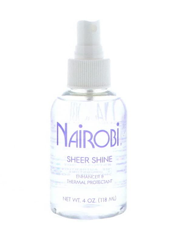 Nairobi Sheer Shine Enhancer bottle closeup highlighting gloss and hydration.