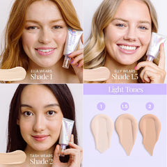 Tint swatches showcase even color match and radiant finish.