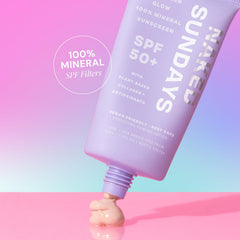 Naked Sundays mineral sunscreen texture swatch shows sheer, luminous finish on skin.