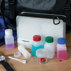Nalgene Travel Kit Small leak-proof design shown with compact bottles for on-the-go trips.