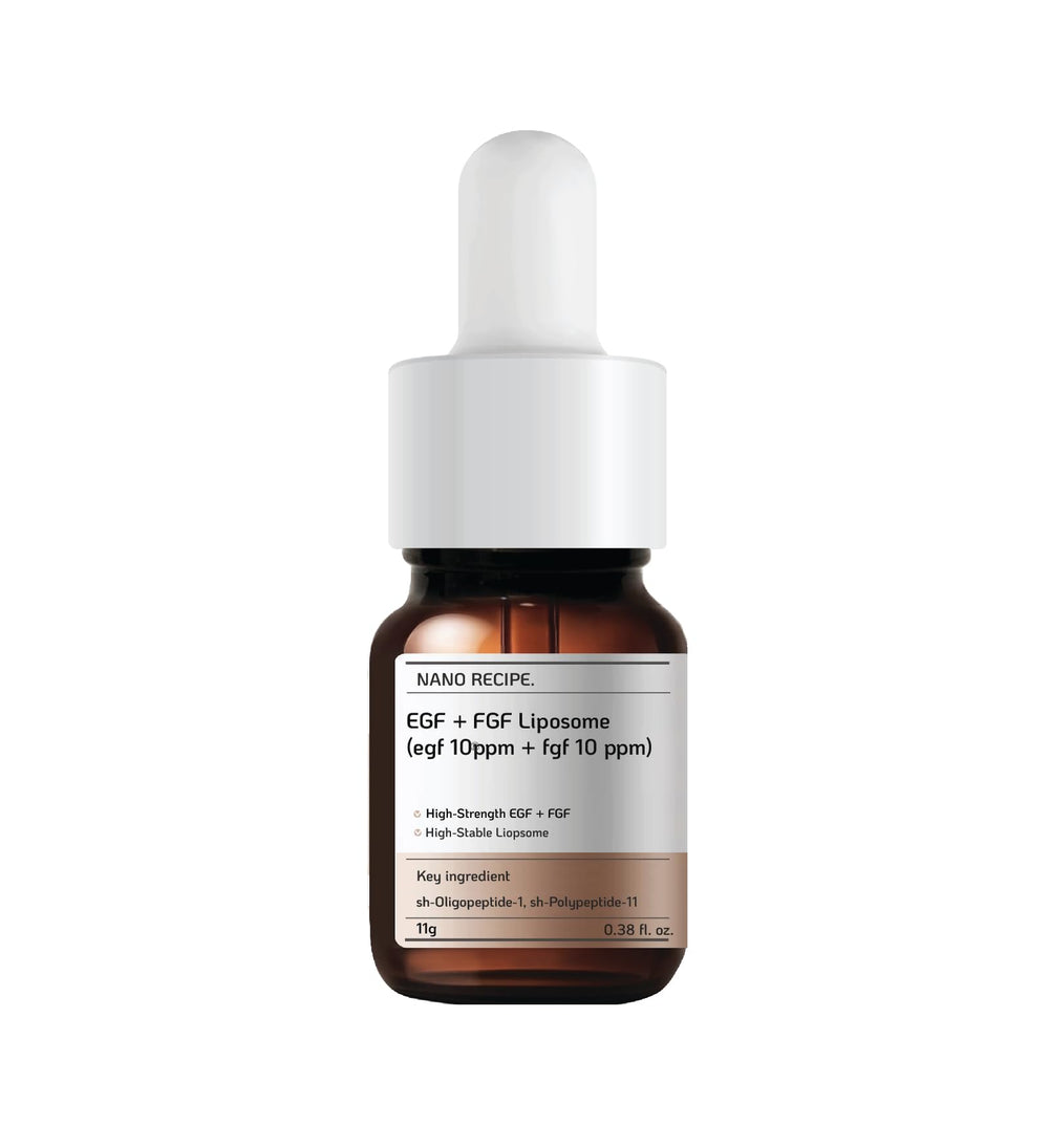 Nano Recipe EGF+FGF concentrate bottle showcases dual-peptide formula for elasticity support.