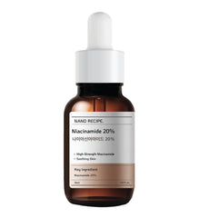 Nano Recipe Niacinamide 20% serum bottle closeup for balanced skin and premium packaging.