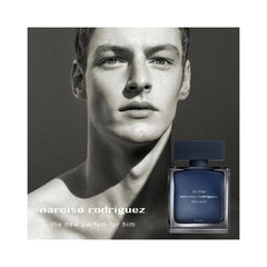 Narciso Rodriguez Bleu Noir bottle close-up reveals iris and musk notes.