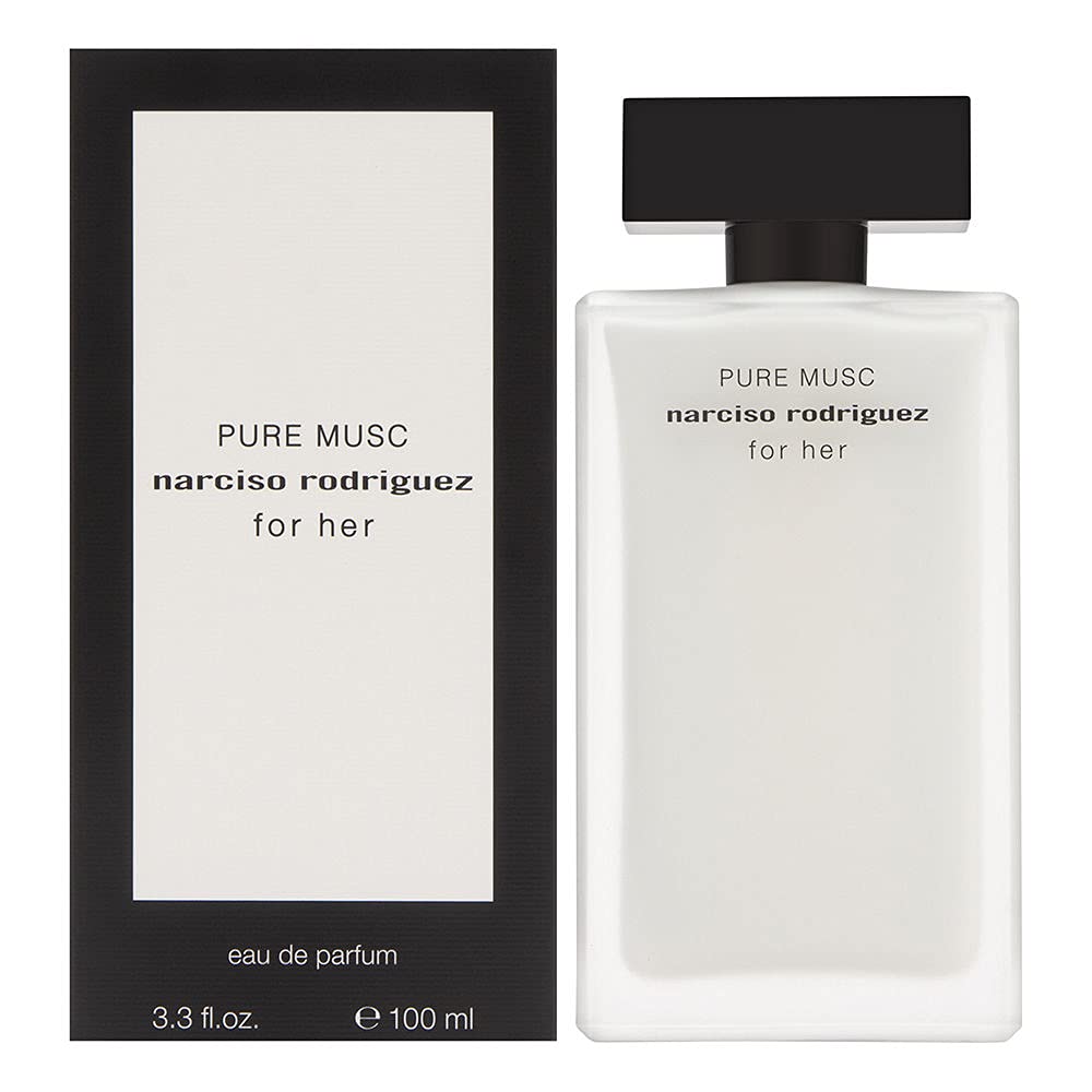 Narciso Rodriguez Pure Musc for Woman EDP bottle closeup highlights musk and floral notes.