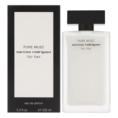 Narciso Rodriguez Pure Musc for Woman EDP bottle closeup highlights musk and floral notes.