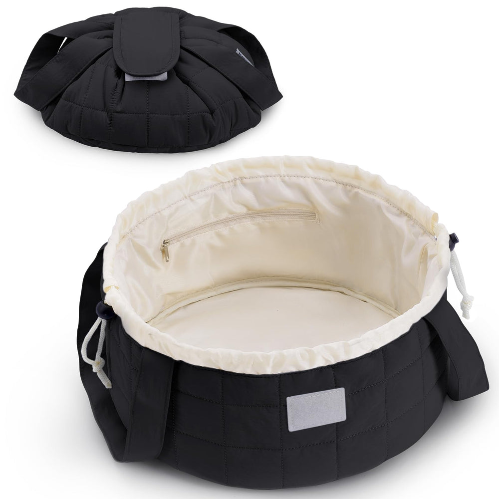 Narwey quilted drawstring makeup bag in black patent, closed for secure travel organization.