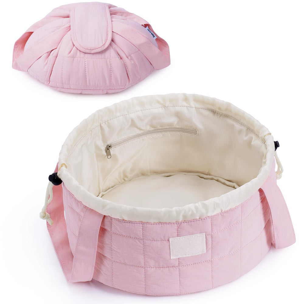 Narwey pink quilted makeup bag with front Velcro closure for quick access.