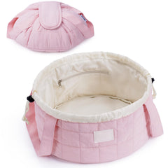 Narwey pink quilted makeup bag with front Velcro closure for quick access.