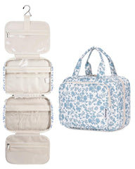 Narwey hanging floral toiletry bag front view shows travel-ready organization.