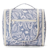 Narwey hanging toiletry bag in blue leaf design front view for organized travel.