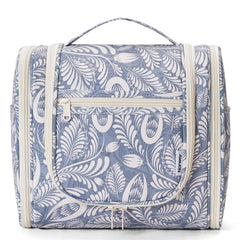 Narwey hanging toiletry bag in blue leaf design front view for organized travel.