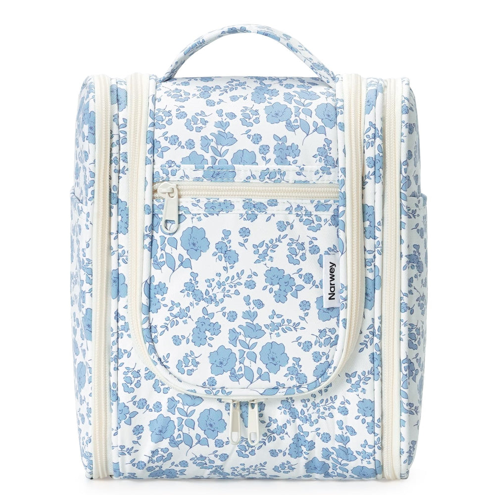 Narwey hanging toiletry bag with hook showing easy-access storage for travel-ready essentials.