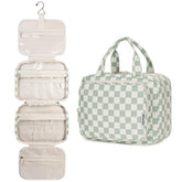 Narwey hanging toiletry bag mint green checker front view showcasing organized travel storage