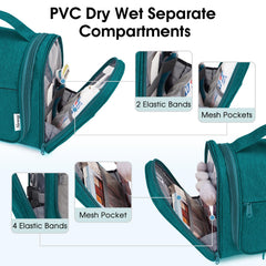 Narwey teal dry-wet compartments emphasize easy separation for cosmetics and towels.